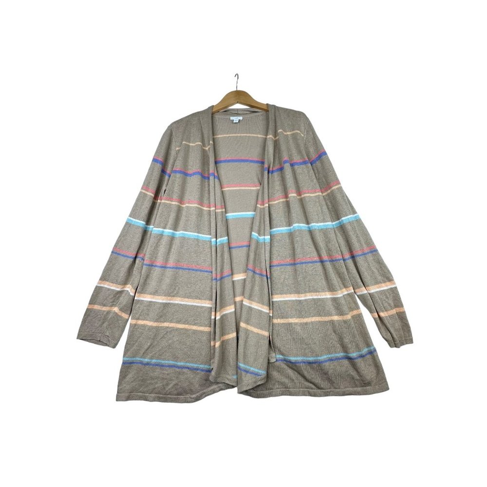 J. Jill Linen Blend Striped Open Cardigan size Medium Tan